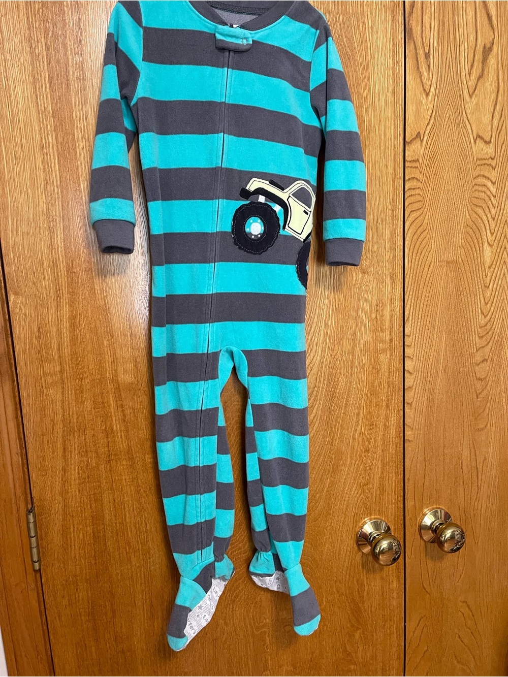 Carter's Teal and Gray Striped Footed One-Piece with Truck Applique